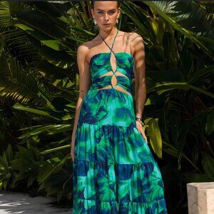 Tropical green cutout maxi dress